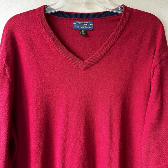 Club Room Men's Merino Wool Sweater V-Neck Dark Red Size XL Italian Spun Yarn - Picture 3 of 9
